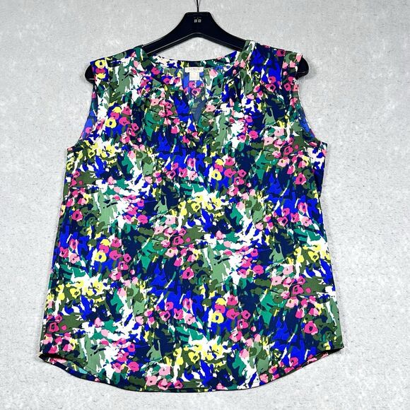 J. Crew Blouse Womens Size 4 Multicolor Floral Abstract Sleeveless with V Neck - Picture 1 of 11